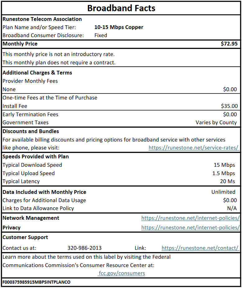 10 to 15 Mbps Copper FCC Label