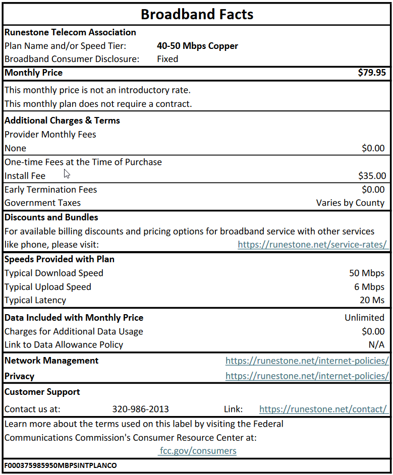 40 to 50 Mbps Copper FCC Label